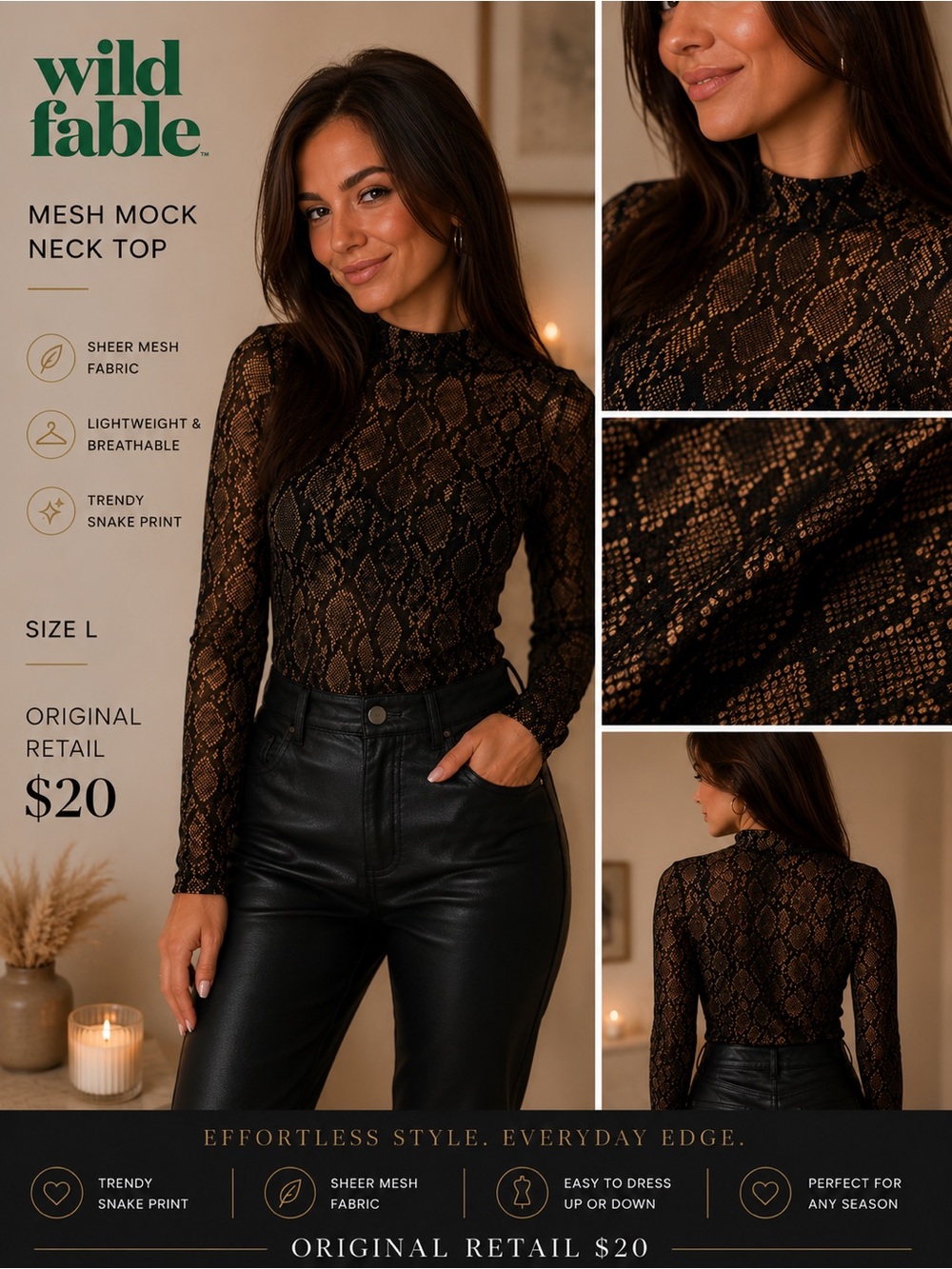 wild fable Black Sheer Snake-Print Mesh Mock Neck Top